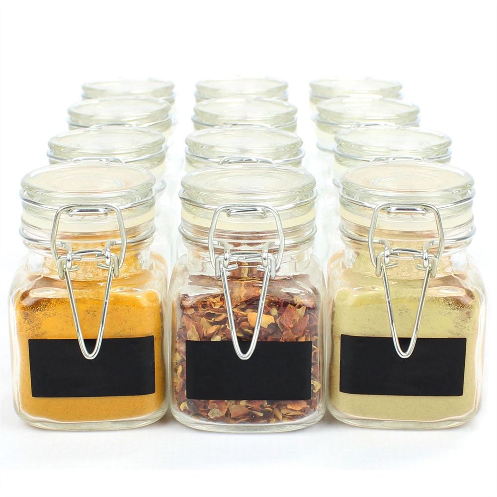 Premium Vintage Glass Spice Jars - Set of 12 | Airtight Metal Clip Top | Label and Chalk Pen Included