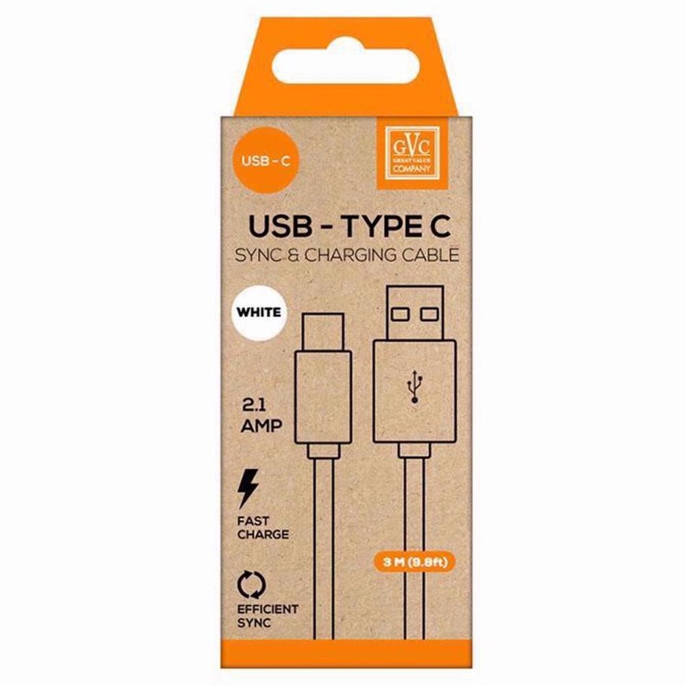 GVC USB to Type C Cable, Fast Charging & Syncing, 3M - White