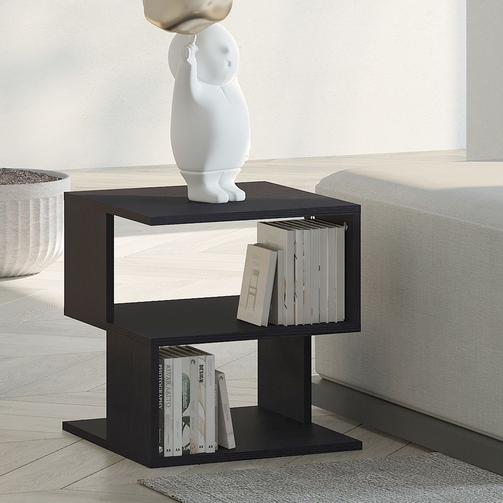 Modern Square 2 Tier Wood Coffee Side Table Storage Shelf Rack Black