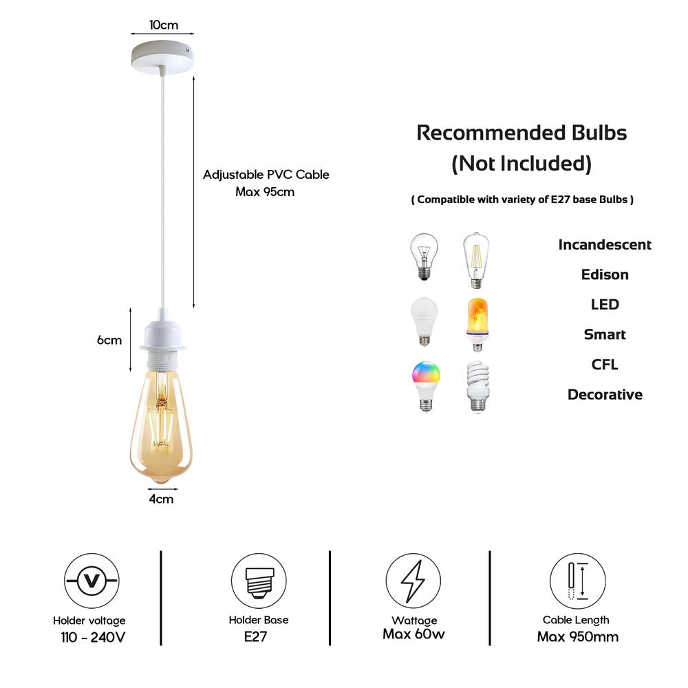 Vintage Industrial Style Pendant Lamp 5 Pack - White, E27 Base, Metal Screw Holder - High Quality