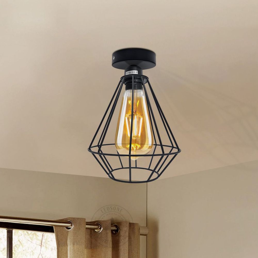 Vintage Industrial Geometric Diamond Light Fitting: E27 Holder, 60W Bulb, Metal Cage, Ceiling Mount