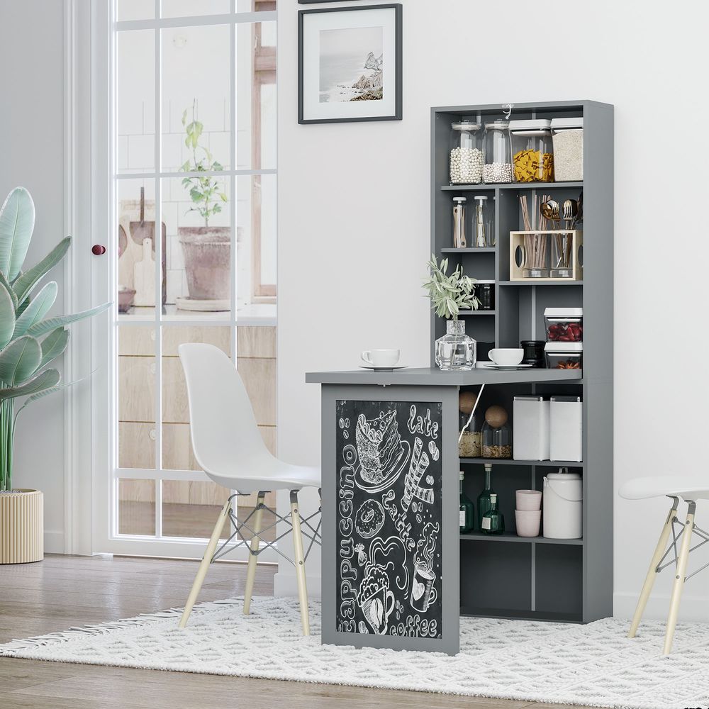 HOMCOM Fold-out Convertible Writing Desk Wall Mount Cabinet with Blackboard and Side Shelf Multi-Function Home Office Workstation, Grey 98 x 51 cm