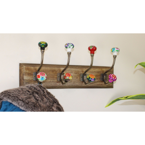 Mexican Floral Ceramic Hooks on Wooden Base