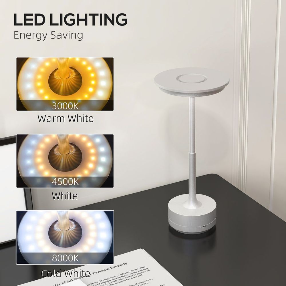 HOMCOM LED Cordless Table Lamp with Battery Operated for Bedroom, Silver