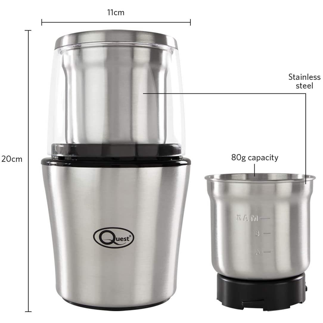 Quest Compact Stainless Steel Electric Grinder, 80g, 200W, 20 x 12 x 12cm 34170