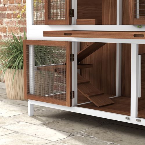 PawHut Two-Tier Wooden Rabbit Hutch w/ Openable Roof, Slide-Out Tray, Ramp