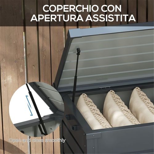 Outsunny 331 Litre Garden Storage Box, Waterproof Outdoor Storage Box for Tools, Cushions, Lockable Galvanised Steel Outside Deck Box Organiser with Wheels and Handles, Dark Grey