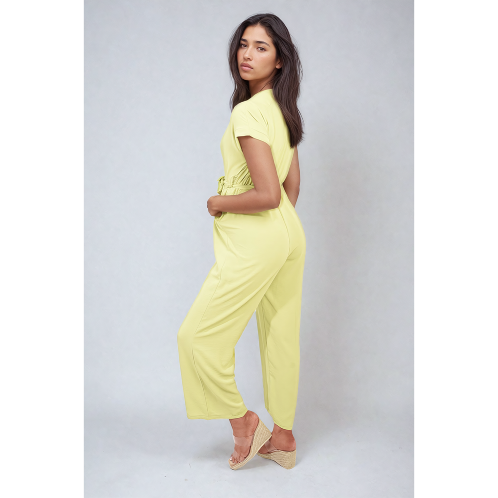 Belted V Neck Jumpsuit with Side Pockets