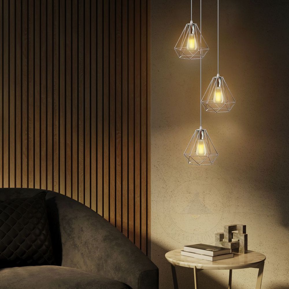 3 Head Round Base Chrome Vintage Metal 20cm Diamond Wire Cage E27 Base Ceiling Pendant Light Fitting
