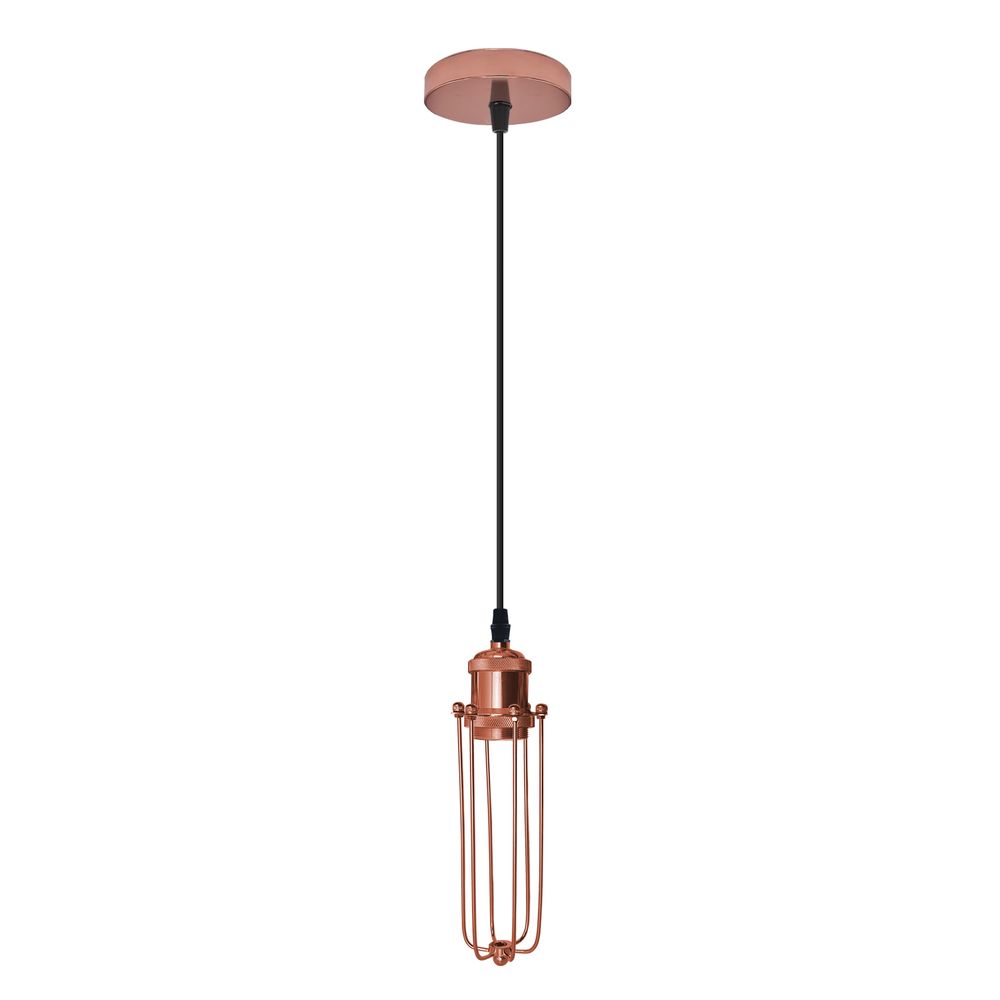 Vintage Metal Cage Pendant Light - Single Rose Gold Ceiling E27 Lamp Fixture for Home, Office, Cafe - Adjustable Wire Length