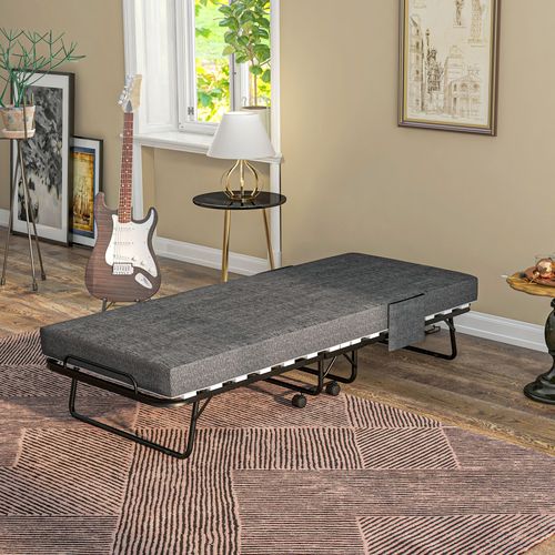 HOMCOM Folding Bed with Mattress Foldable Guest Bed on Wheels w/ Cover Dark Grey