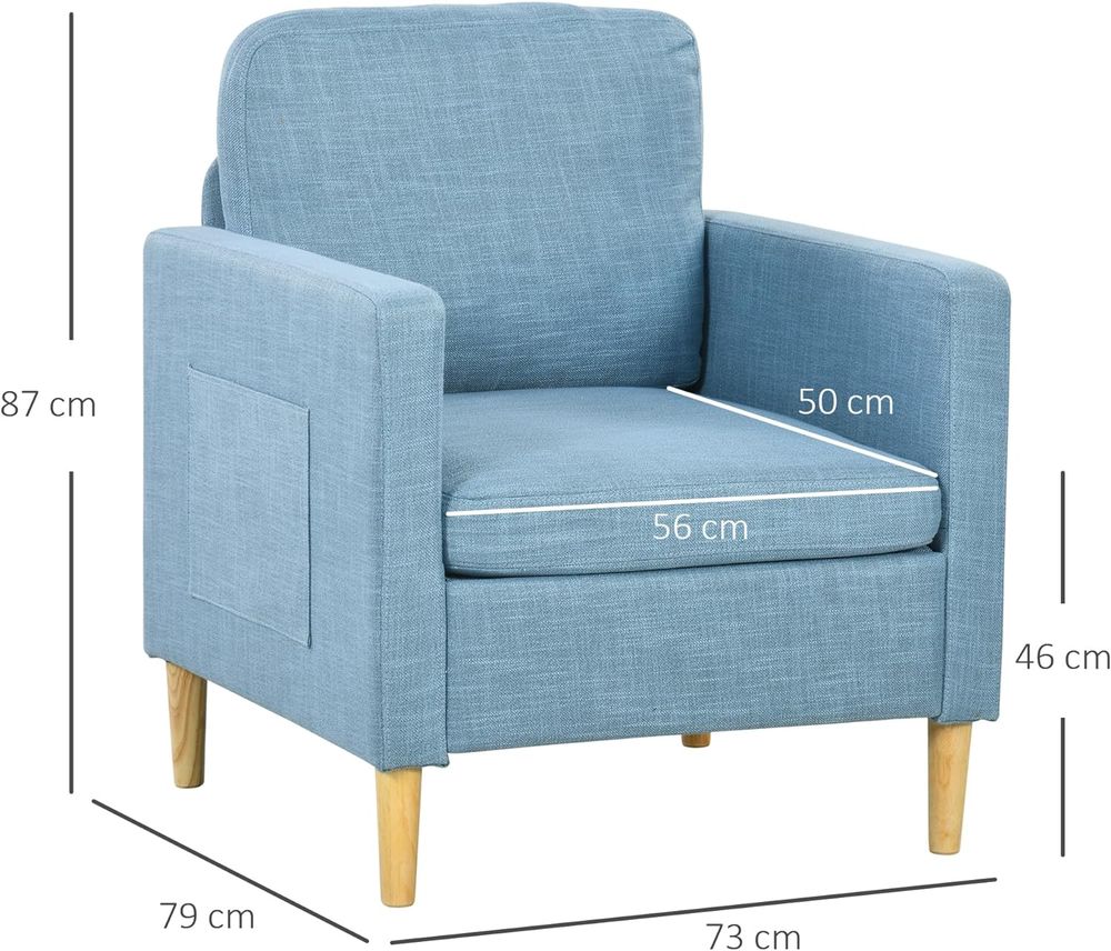 HOMCOM Modern Armchair Upholstered Accent Chair for Bedroom Home Office  Blue