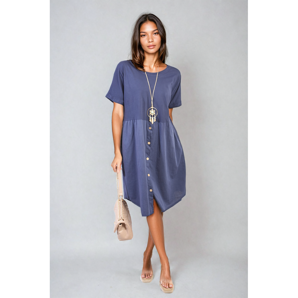 Short Sleeve Button Front Midi Dress