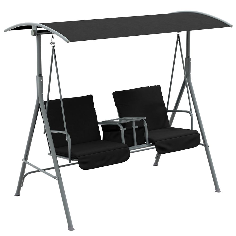 Outsunny 2 Person Patio Swing w/ Table & Storage - Black. Strong, Comfortable, Weather-Resistant. Easy Assembly. 220kg Capacity