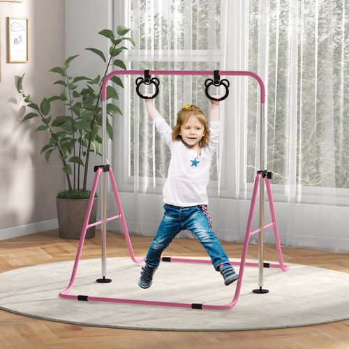 HOMCOM Adjustable Height Foldable Kids Gymnastics Bar with Non-Slip Mats, Pink