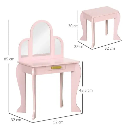HOMCOM Kids Dressing Table and Stool Kids Vanity Set Makeup Desk w/Mirror, Drawer, for Ages 3-6 Years - Pink