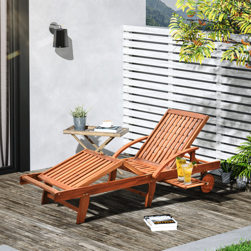 Garden Wood Sun Bed Lounger Chaise Recliner Adjustable Back Footrest w/ Wheels