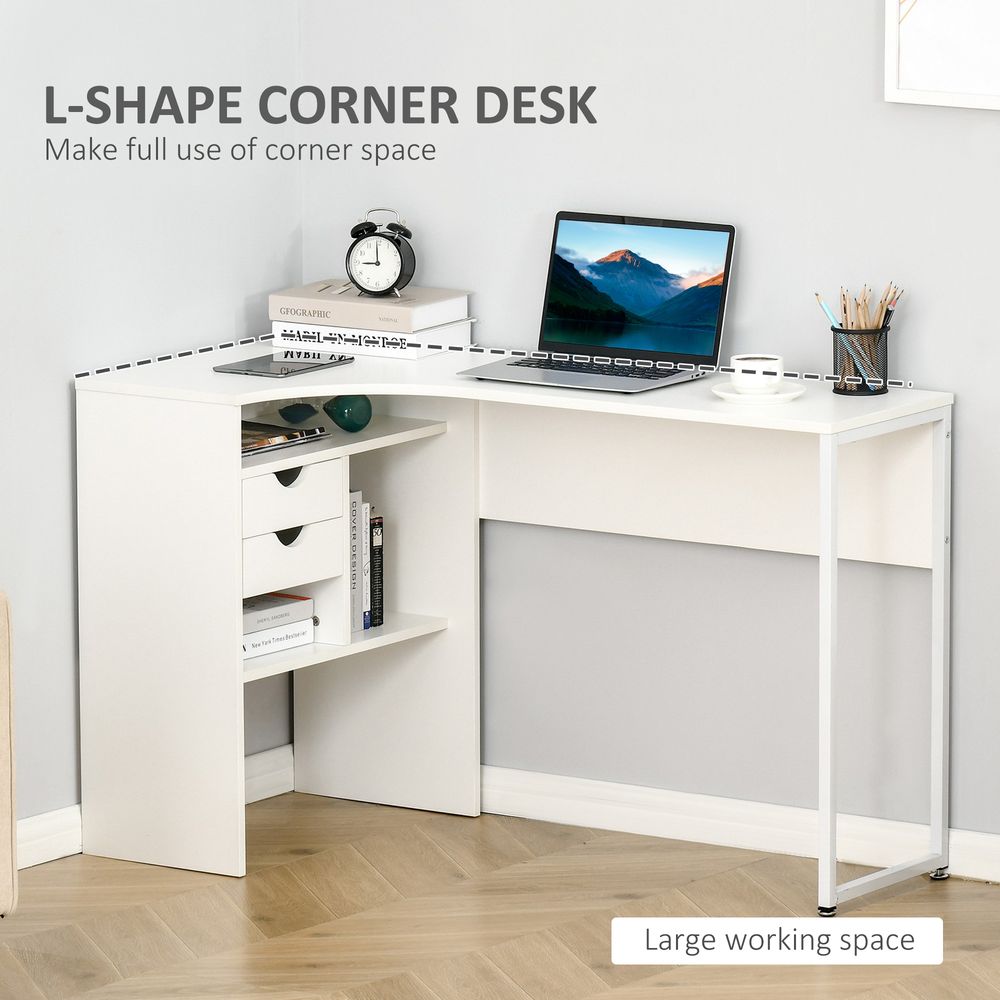 Modern L-Shaped Corner Desk w/ Storage Shelves - White