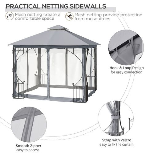 Outsunny 3 x 3(m) Garden Gazebo Patio Party Tent Shelter Outdoor Canopy Double Tier Sun Shade Metal Frame Netting Light Grey
