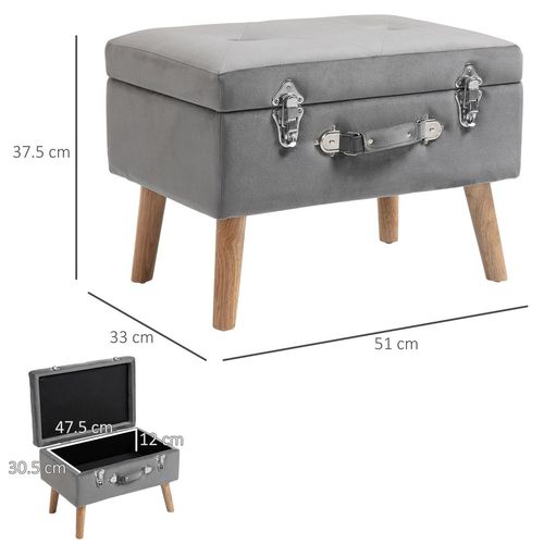HOMCOM Velvet-Touch Suitcase Storage Stool Ottoman Suitcase 2 Latches Wood Legs