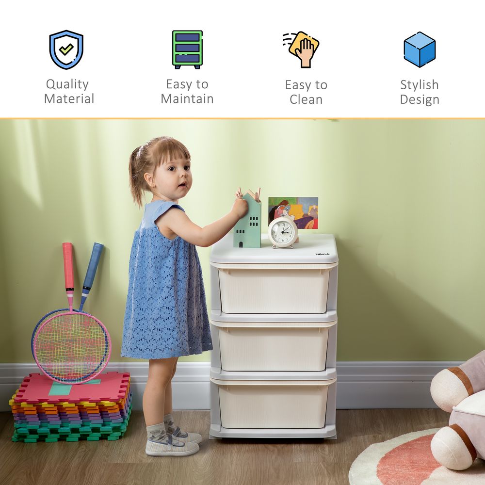 HOMCOM Kids Storage Units with 3 Drawers 3 Tier Chest Vertical Dresser Tower Toy Organizer for Nursery Playroom Kindergarten Cream