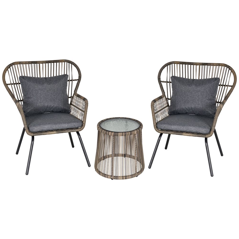 Modern Grey Rattan Patio Set - 3 PCS Outdoor Seating w/ Cushions & Steel Frame - High Quality
