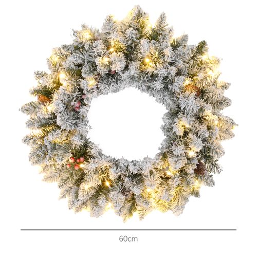 HOMCOM 60cm Flocked Christmas Wreath with Lights Pine Cones Red Berries Green