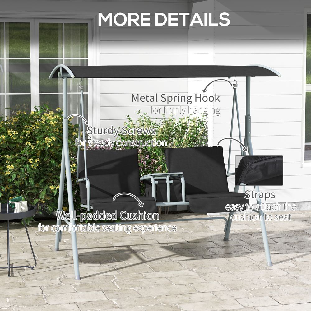 Outsunny 2 Person Patio Swing w/ Table & Storage - Black. Strong, Comfortable, Weather-Resistant. Easy Assembly. 220kg Capacity