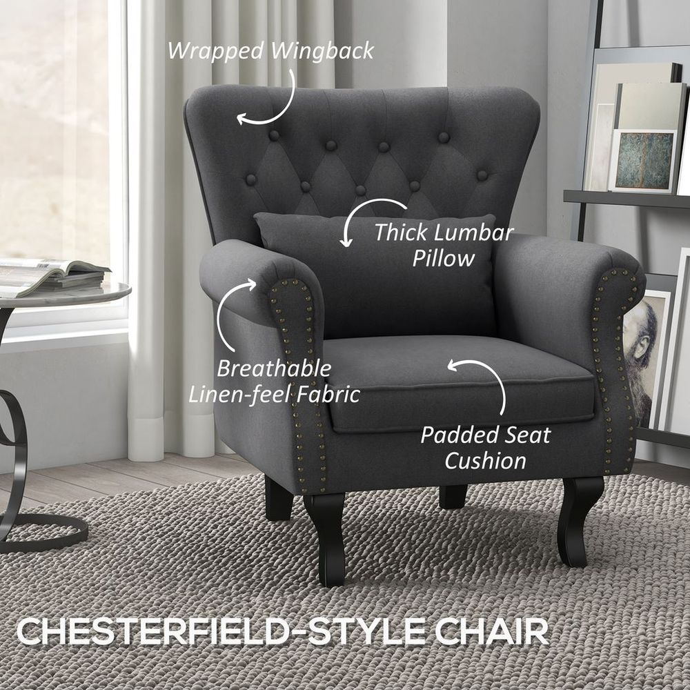HOMCOM Vintage Armchair Wingback Accent Chair with Naihead Trim Dark Grey