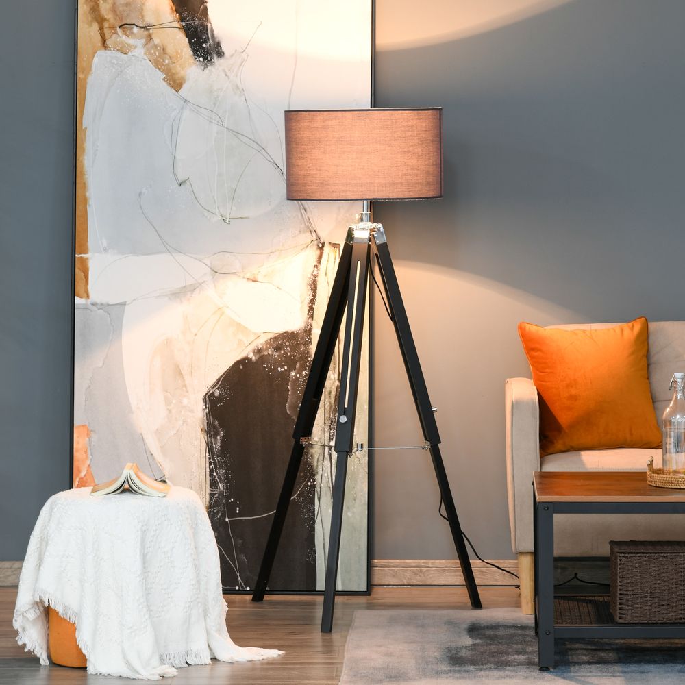 HOMCOM Modern Tripod Floor Lamps for Living Room with Fabric Lampshade, Standing Lamp for Bedroom, (Bulb not Included), Grey and Black