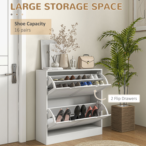 HOMCOM Slim Shoe Storage Cabinet with 2 Flip Drawers for Entryway, White