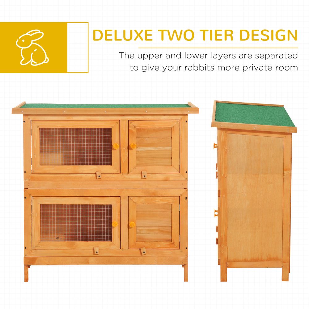 PawHut 2-Tier Double Decker Wooden Rabbit Hutch Pet Cage Guinea Pig Hutch with Sliding Tray Opening Top
