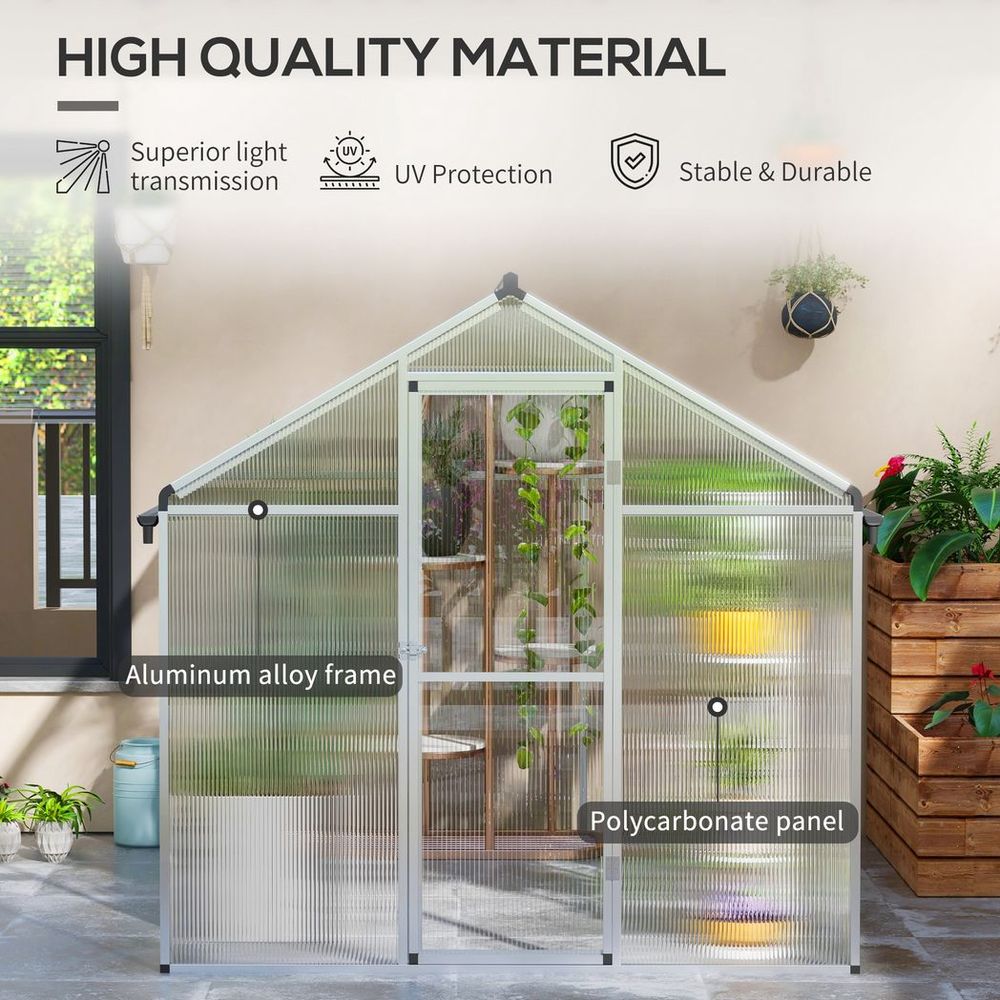 Outsunny 8x6ft Aluminium Greenhouse: Door Window Galvanised Base PC Panel