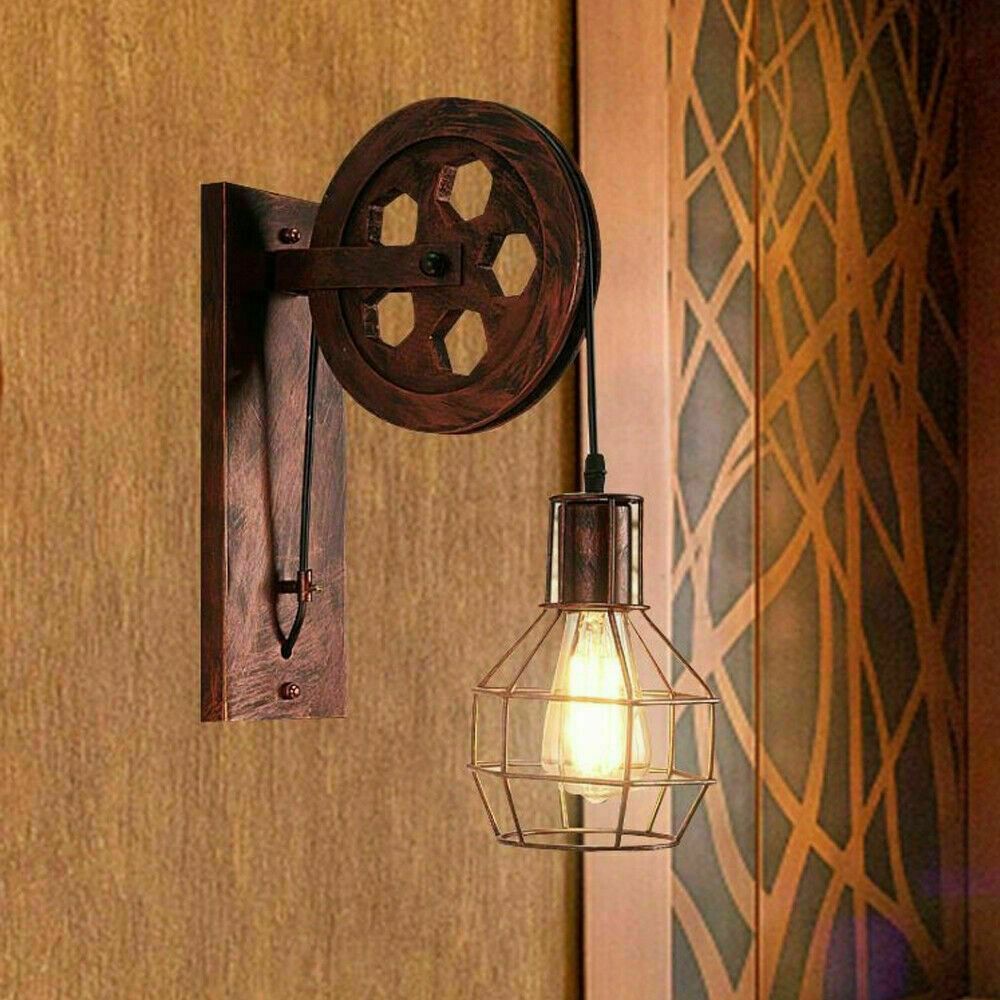 Vintage Industrial Adjustable Pulley Wheel Wall Mounted Light ~1222