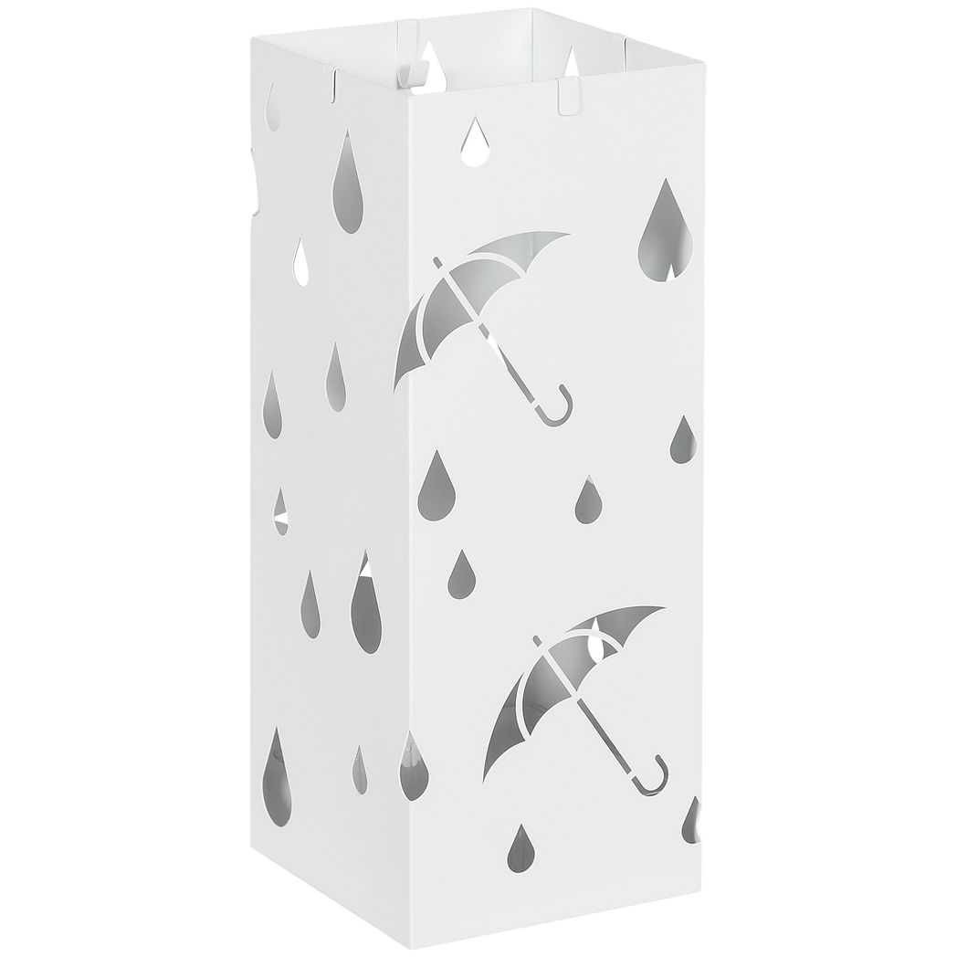 HOMCOM Metal Umbrella Stand, Square Umbrella Basket with 4 Hooks Drip Tray White
