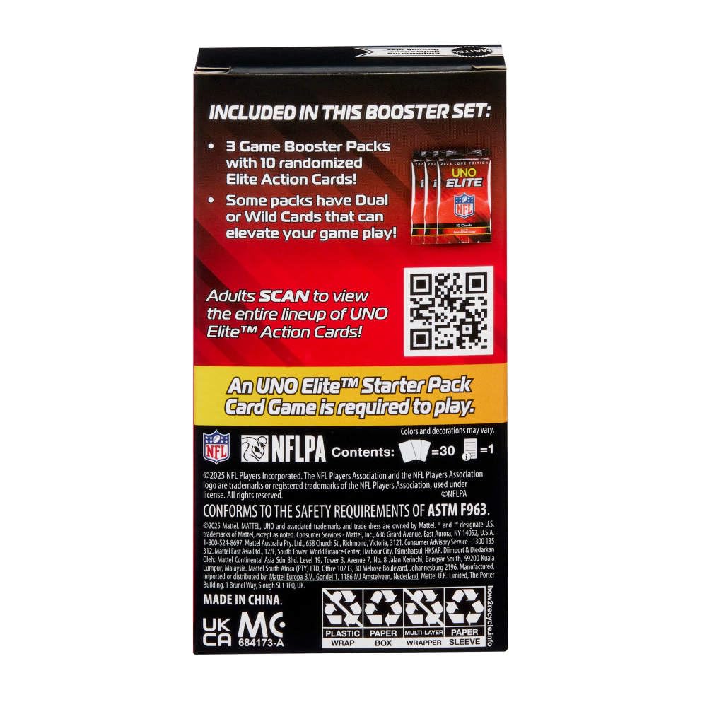 UNO NFL Booster Packs – 30 Elite Action Cards for UNO Elite NFL 2025 Core Edition
