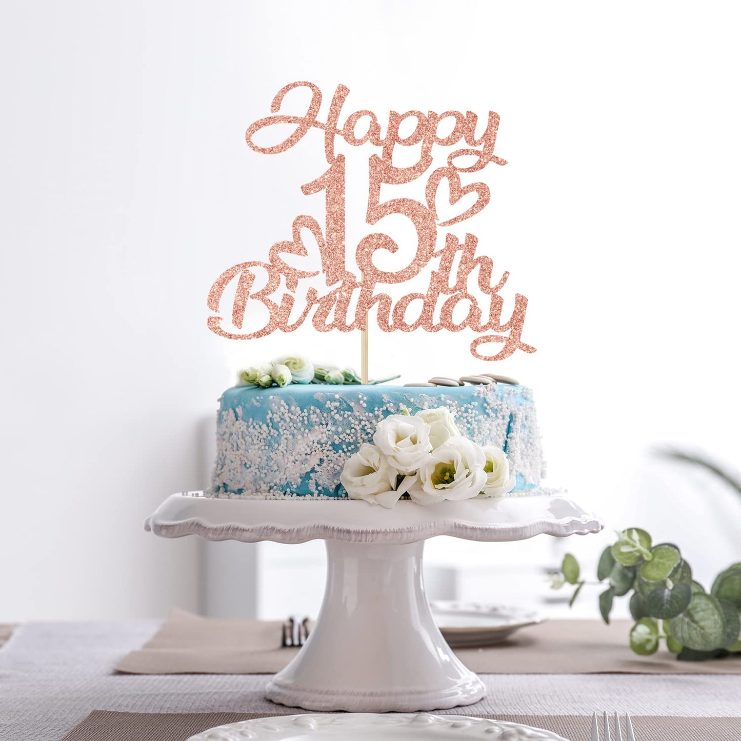 Unoggsor Rose Gold Glitter Happy 15th Birthday Cake Topper – Hello 15, 15 & Fabulous
