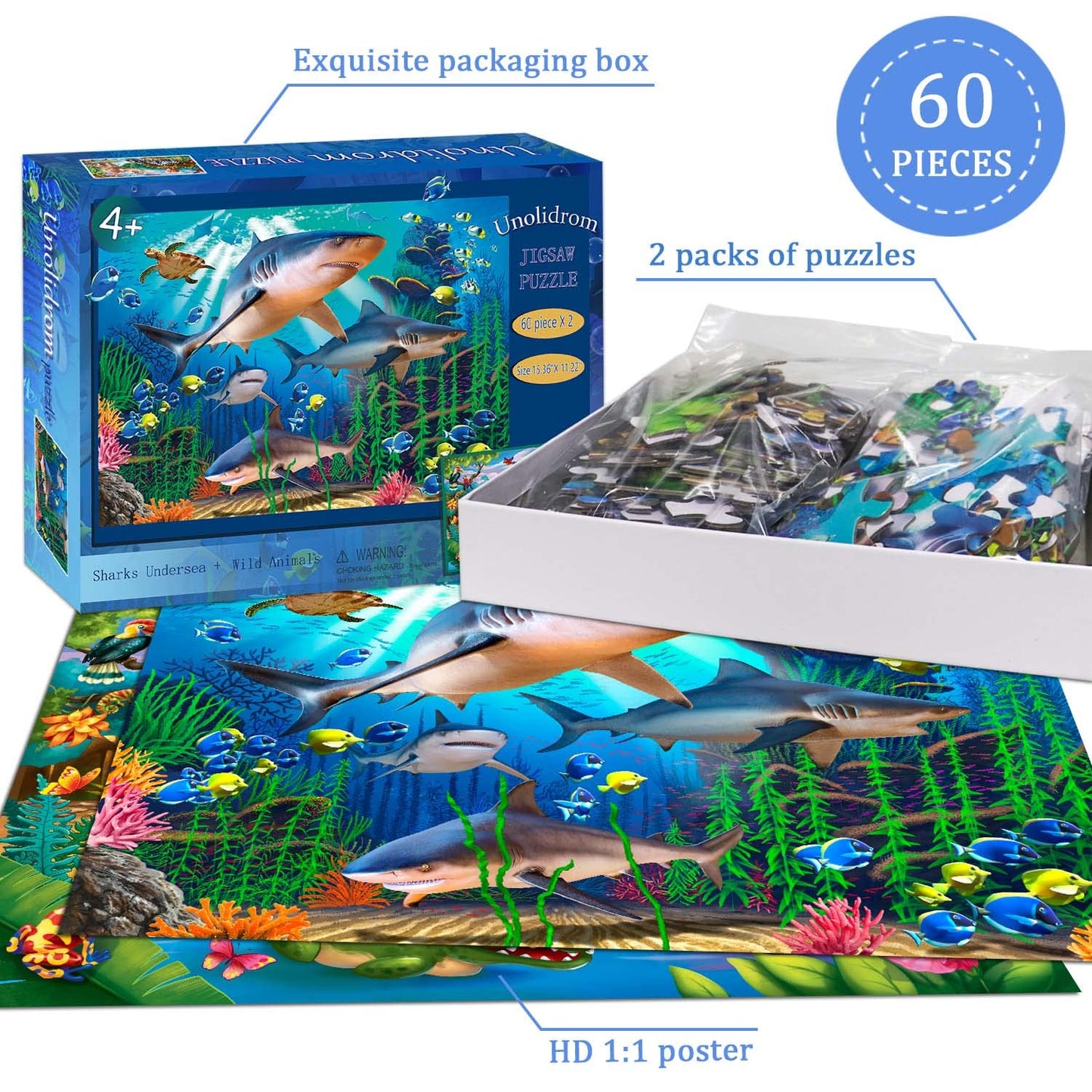 Unolidrom Puzzles for Kids 4-8 - 2-Pack 60-Piece Ocean & Forest Animals | Educational Toys