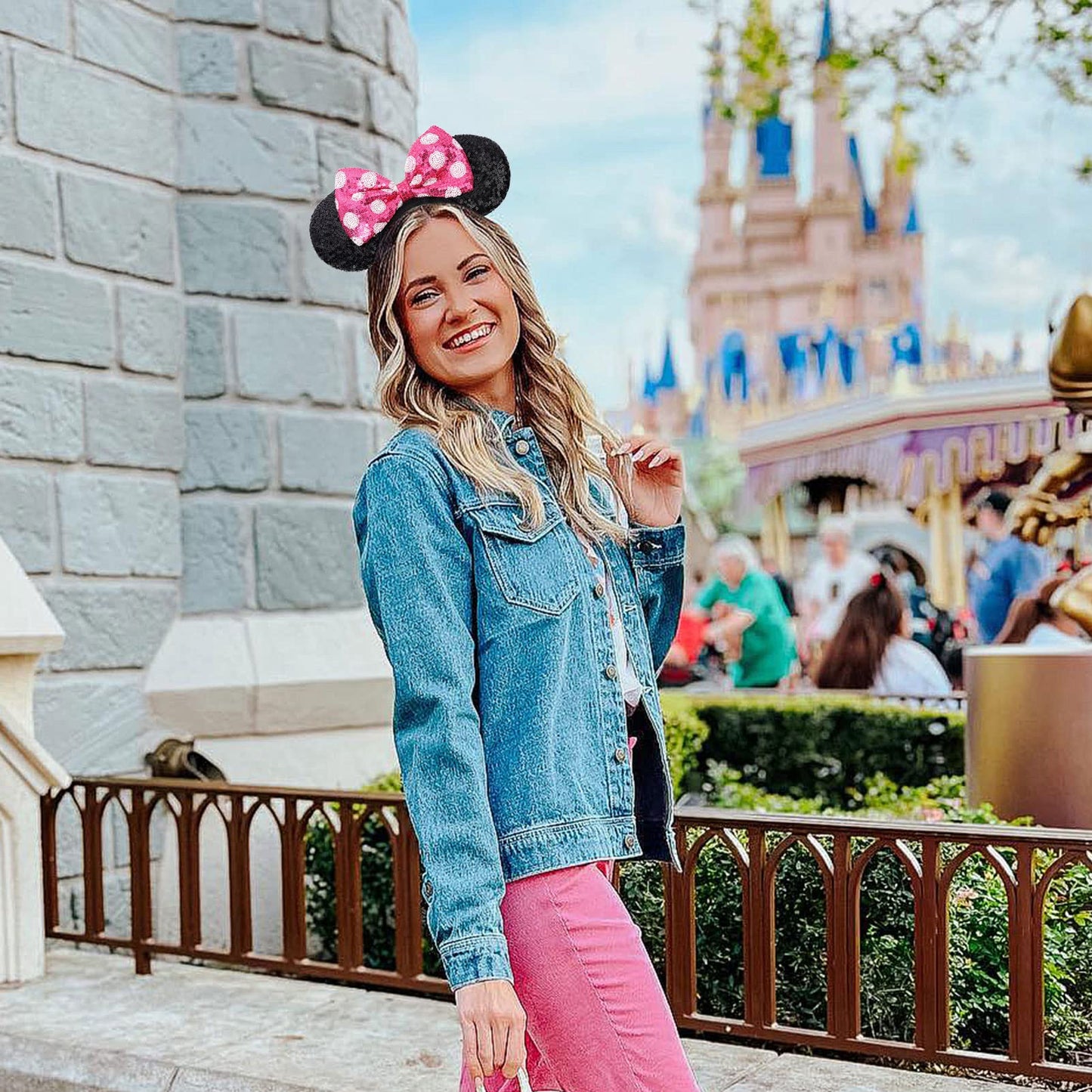 UNSPAZ Mouse Ears Headbands – Pink Sequin Bow, Wide Headband for Cosplay & Parties