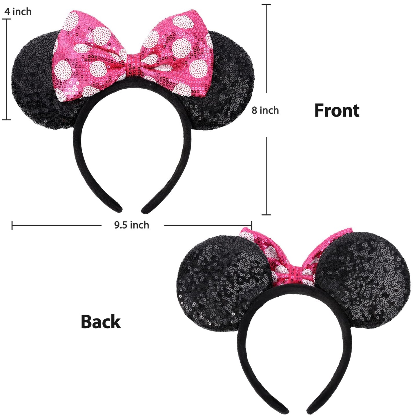 UNSPAZ Mouse Ears Headbands – Pink Sequin Bow, Wide Headband for Cosplay & Parties