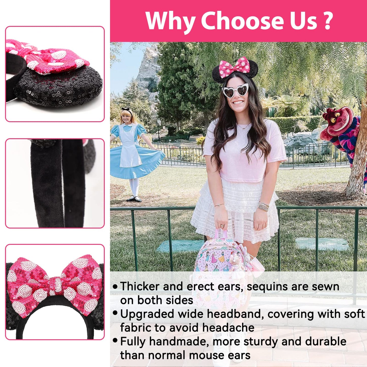 UNSPAZ Mouse Ears Headbands – Pink Sequin Bow, Wide Headband for Cosplay & Parties
