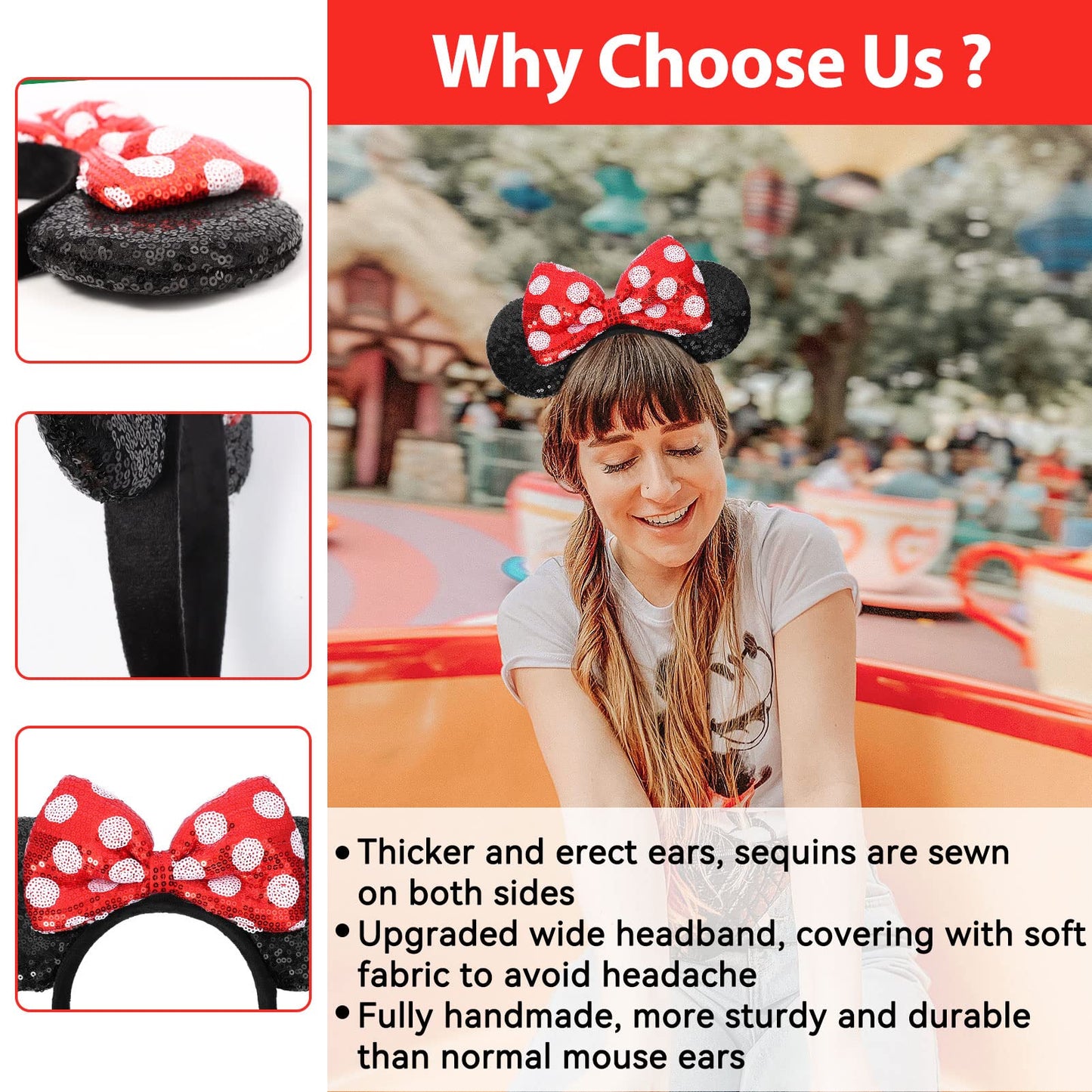 UNSPAZ Mouse Ears Headband – Sequin Bow, Polka Dot Style for Women, Girls & Boys