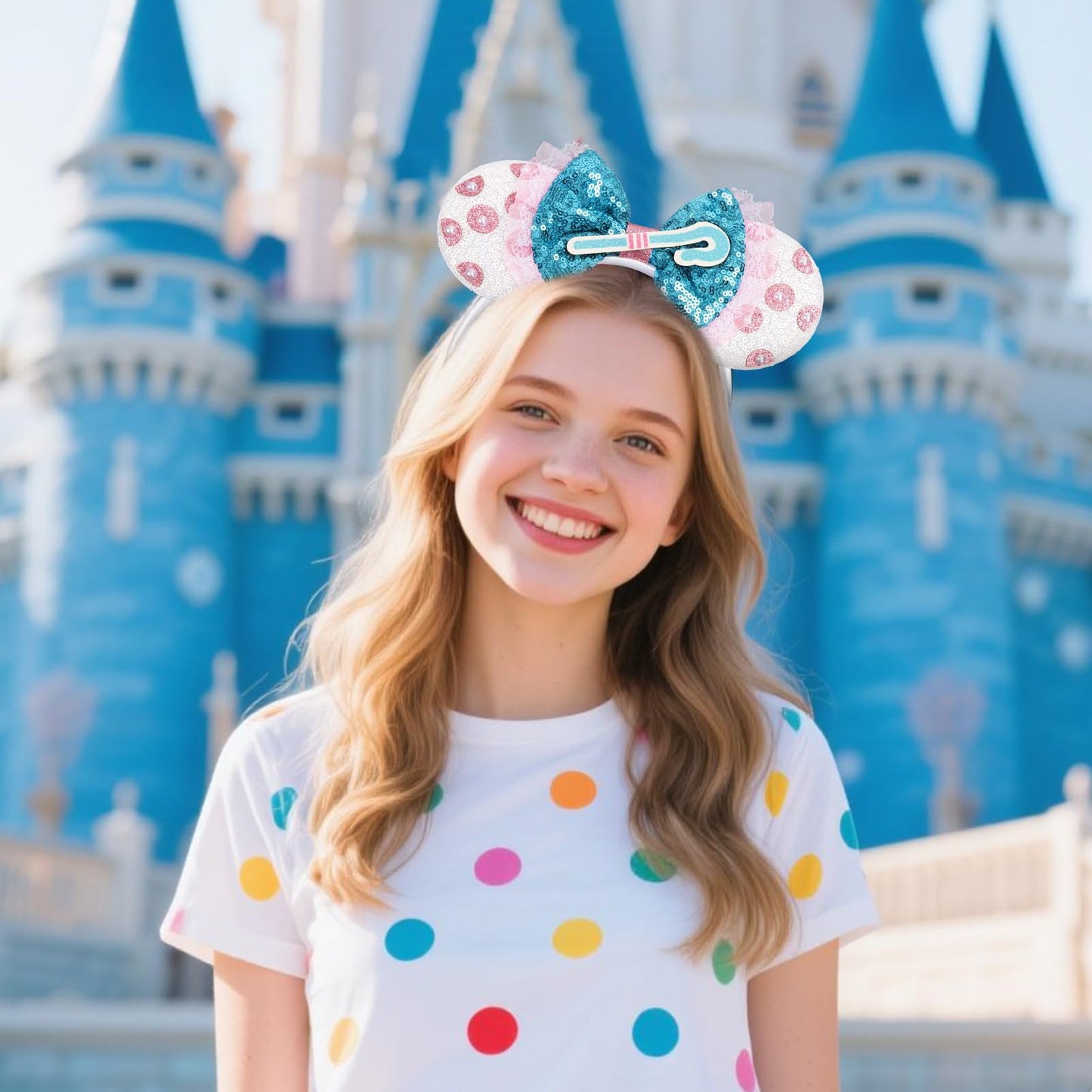 UNSPAZ Mouse Ears Headband – Pink & Sky Blue Sparkly Shepherdess Bow for Women & Girls