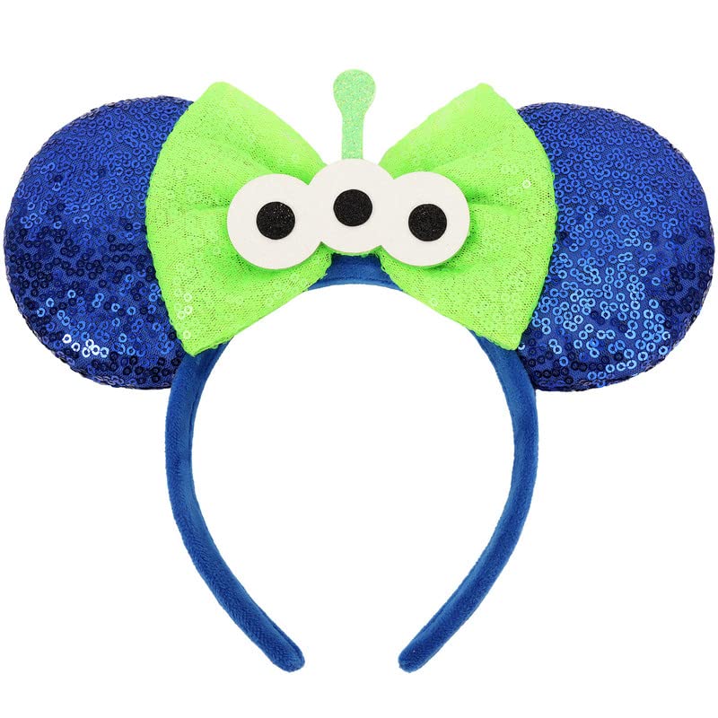 UNSPAZ Mouse Ears Headbands - Sequin Blue Bow, Wide Velvet Band for All Ages