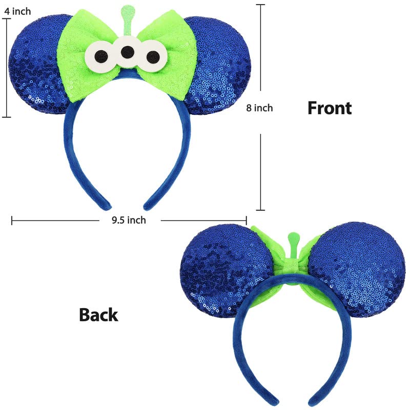 UNSPAZ Mouse Ears Headbands - Sequin Blue Bow, Wide Velvet Band for All Ages