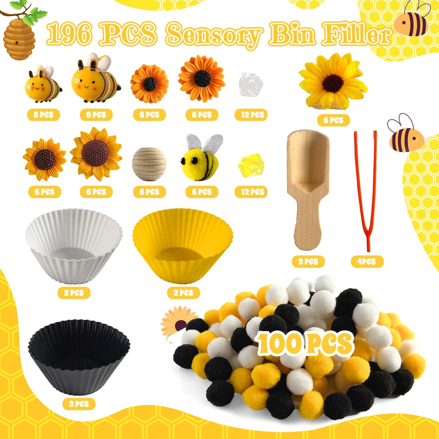 Unvola 196Pcs Bee Themed Sensory Bin Filler – Fine Motor & Counting Toys for Preschool