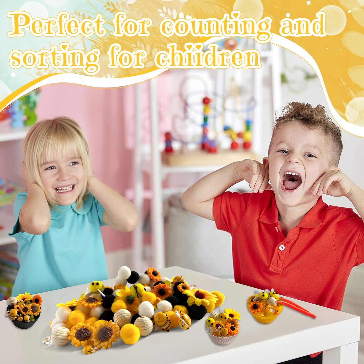 Unvola 196Pcs Bee Themed Sensory Bin Filler – Fine Motor & Counting Toys for Preschool