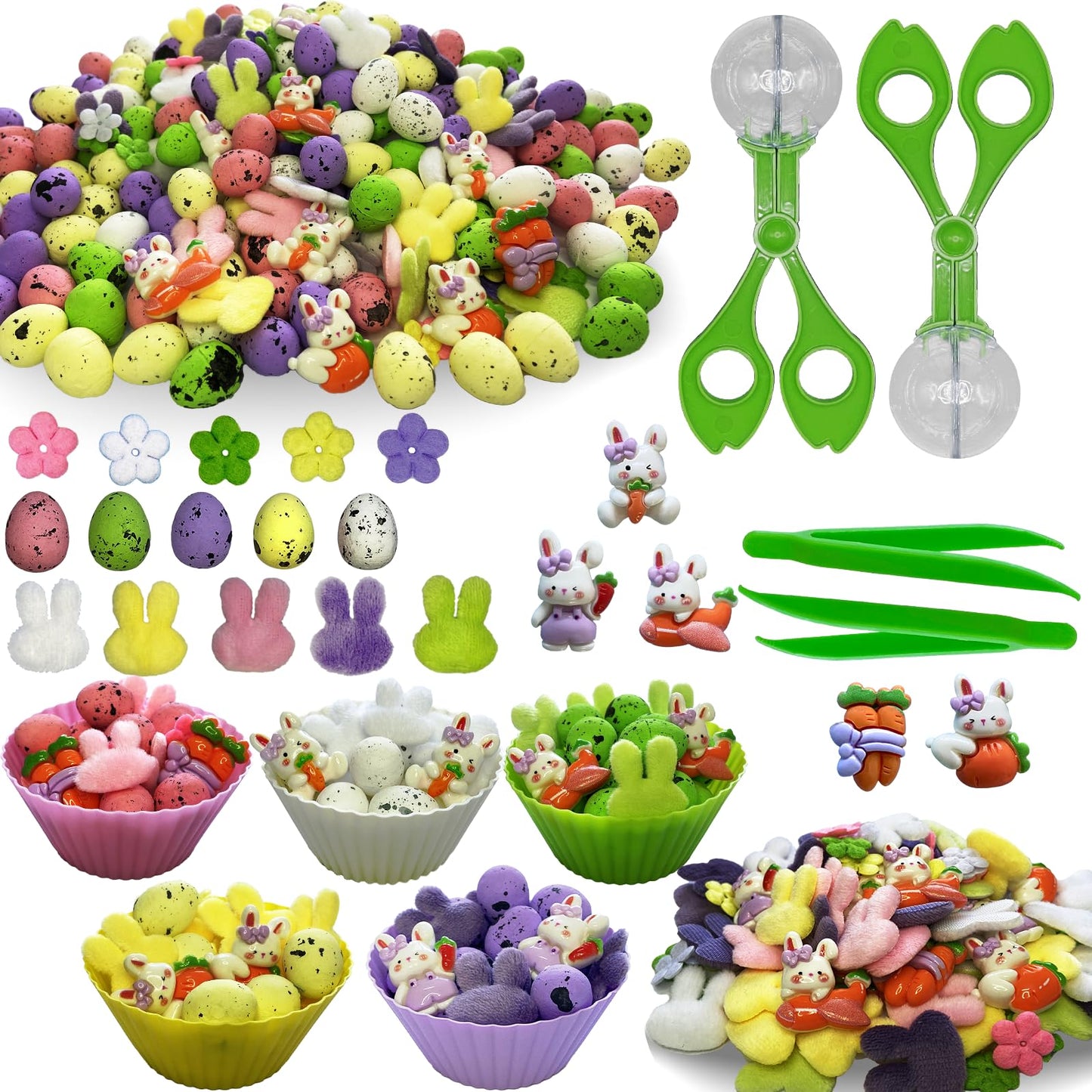 Unvola 226pcs Easter Sensory Bin Filler – Fine Motor Toys, 100 Foam Eggs, 50 Felt Easter Flowers, 50 Felt Bunnies
