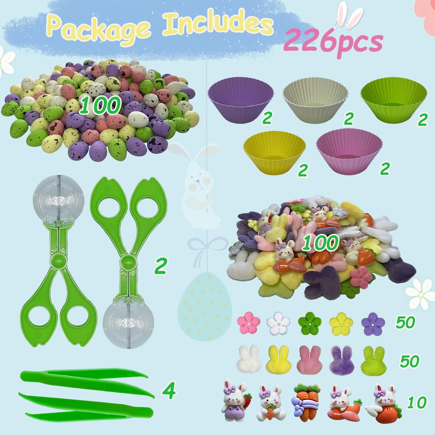 Unvola 226pcs Easter Sensory Bin Filler – Fine Motor Toys, 100 Foam Eggs, 50 Felt Easter Flowers, 50 Felt Bunnies