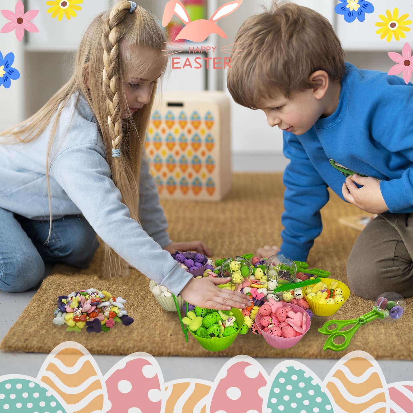 Unvola 226pcs Easter Sensory Bin Filler – Fine Motor Toys, 100 Foam Eggs, 50 Felt Easter Flowers, 50 Felt Bunnies
